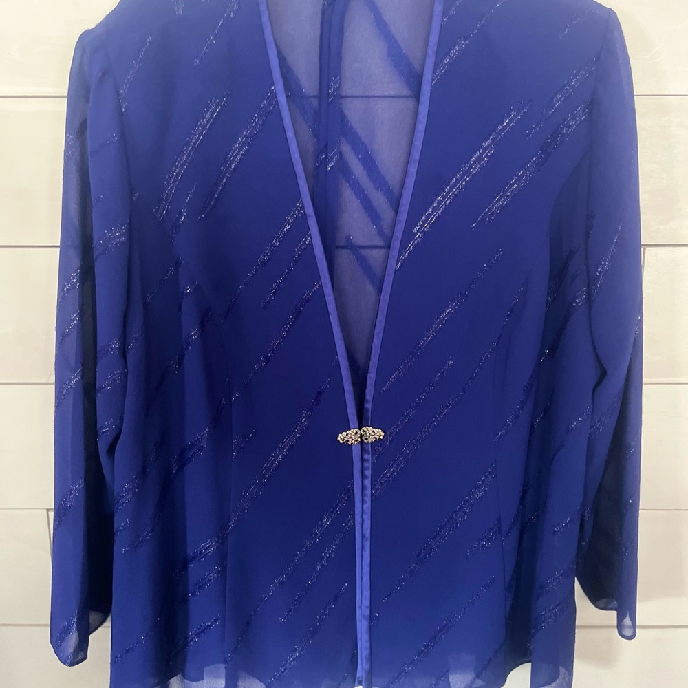 Royal Blue Sheer Notched Collar Blouse with 3/4 Sleeves